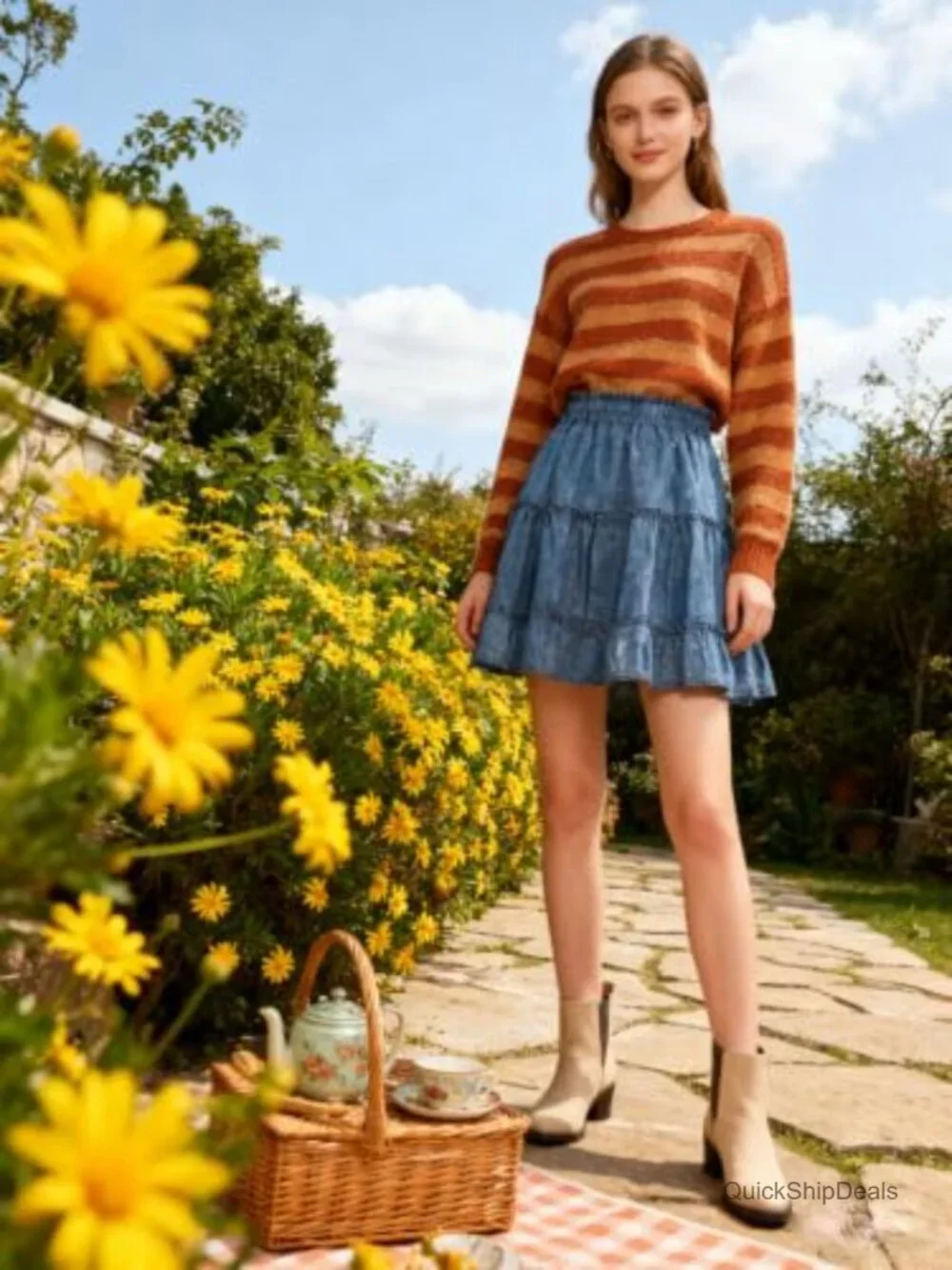 Women's Flared Cotton Mini Skirt with Ruffle Hem High Waist A-Line